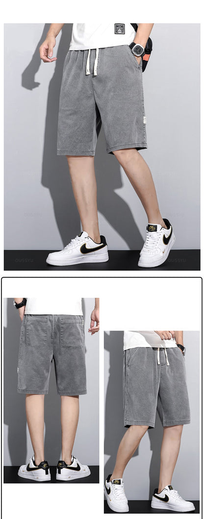 Summer Soft Cosy Lyocell Fabric Men's Denim Shorts Thin Loose Pants Drawstring Elastic Waist Korea Casual Short Plus Size M-5XL