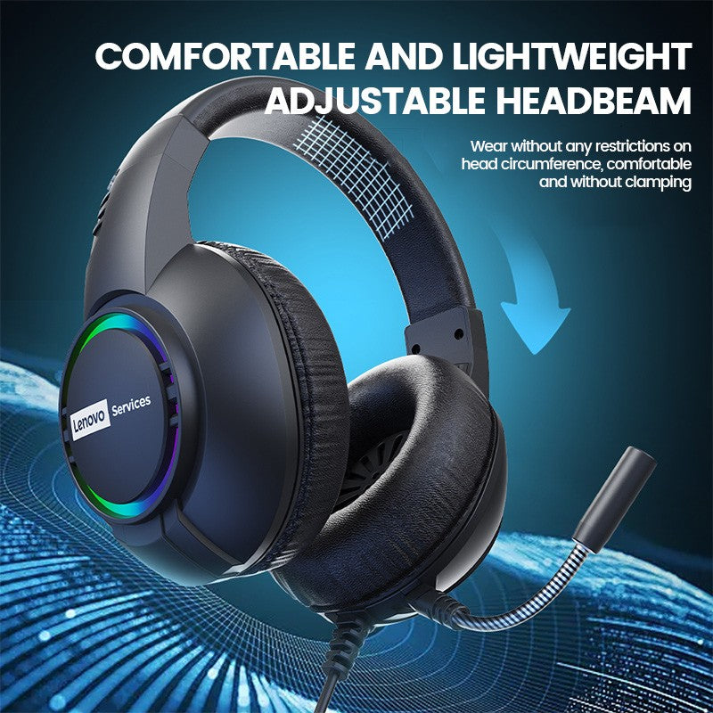 Fone de ouvido gamer com fio Lenovo E08 com microfone, luz RGB para computador e laptop, efeitos de som surround virtual 7.1, headset para E-sports