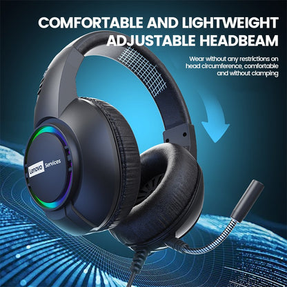 Fone de ouvido gamer com fio Lenovo E08 com microfone, luz RGB para computador e laptop, efeitos de som surround virtual 7.1, headset para E-sports