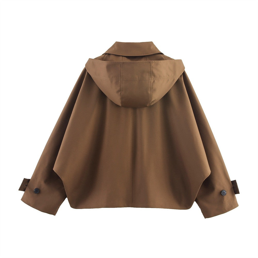 Autumn new European and American style hooded long sleeved lapel jacket single breasted trench coat short jacket