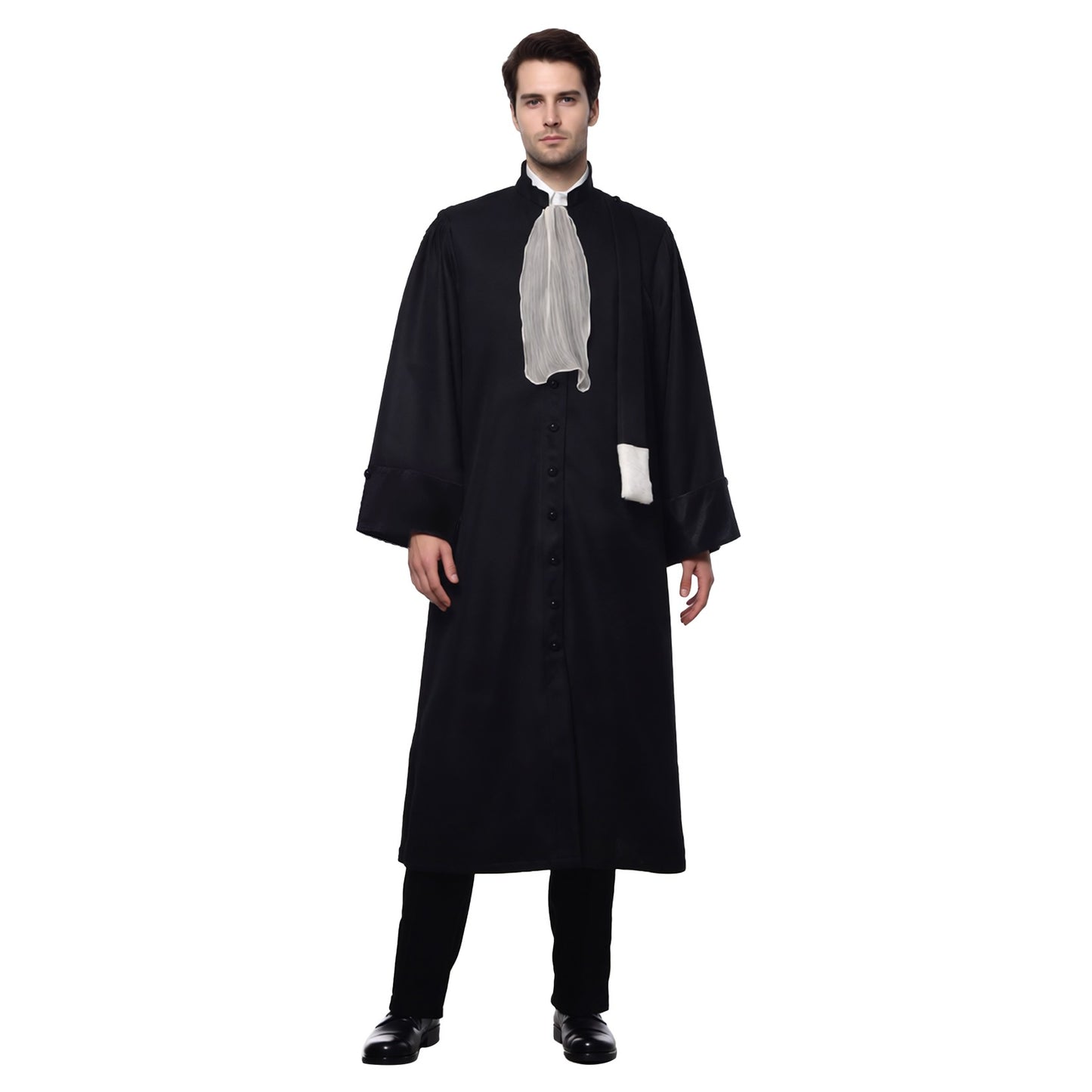 Barrister Robe Medieval Lawyer Costume with Pleated Jabot Collar Clergy Choir Robe Vintage Priest Cosplay Outfit