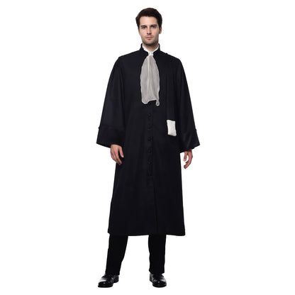 Barrister Robe Medieval Lawyer Costume with Pleated Jabot Collar Clergy Choir Robe Vintage Priest Cosplay Outfit