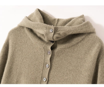 Autumn Winter New 100% Pure Cashmere Women Half Open Front Hoodie Set Knitted Two Piece Pullover Knitwear Wide Leg Pants