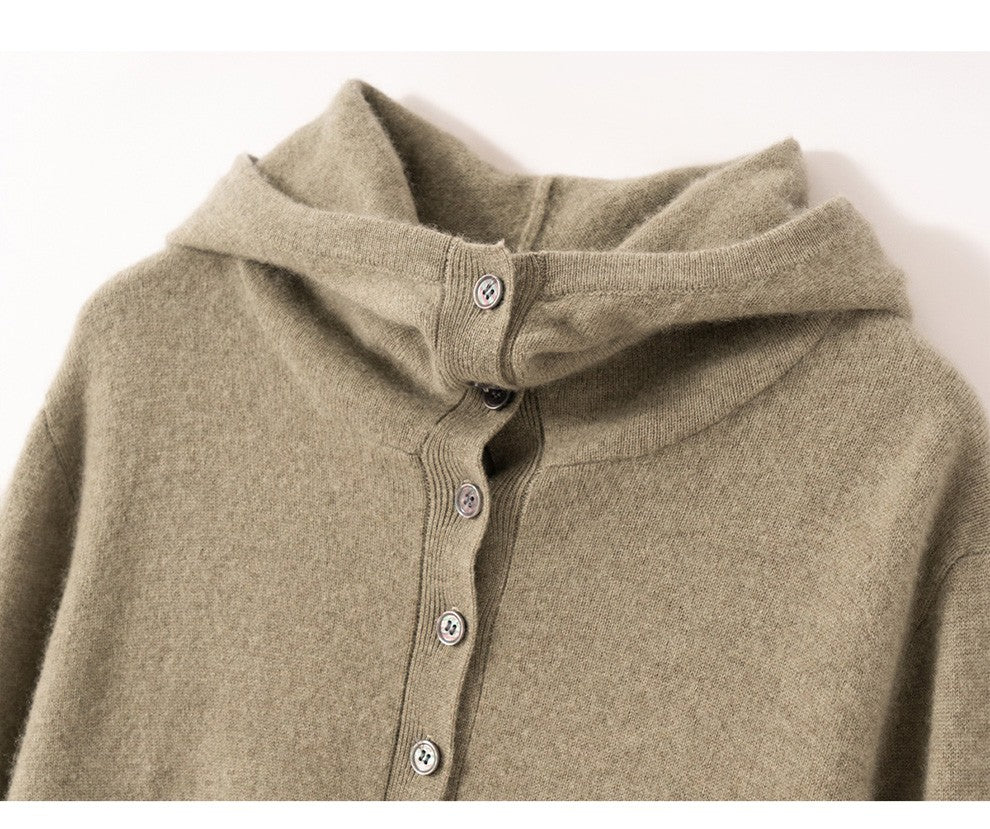 Autumn Winter New 100% Pure Cashmere Women Half Open Front Hoodie Set Knitted Two Piece Pullover Knitwear Wide Leg Pants