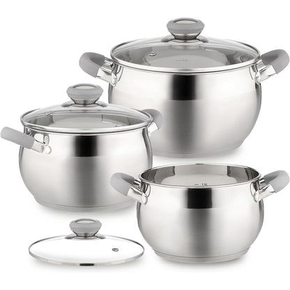 Conjunto de Panelas de Indução Moderno em Aço Inox com 6 Peças – Panelas Próprias para Lava-Louças com Alças Antitérmicas, Tampas de Vidro, Prateado
