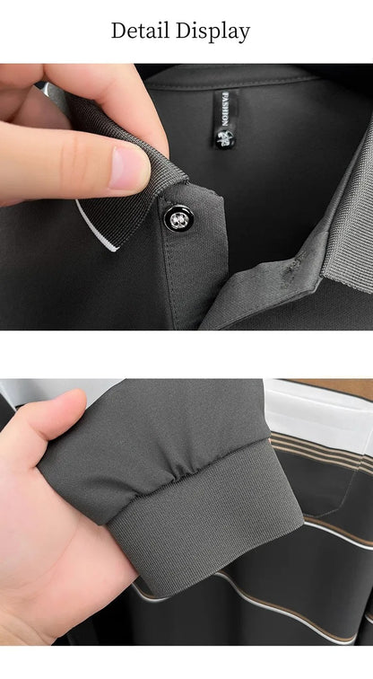 High quality stripe men's long sleeve polo shirt fashion luxury pocket middle-aged business casual color blocked comfort T-shirt