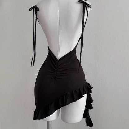 2025 Sexy Sleelveless Backless Mini Dress Women Summer Europe America Lace Up Bodycon Dresses High Street Party Club Black Dress