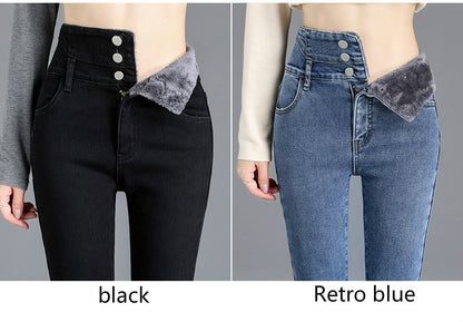 Autumn Winter Skinny Jeans Fashion Women Thermal Fleece High Waist Stretch Warm Pencil Pants Casual Velvet Button Denim Pant