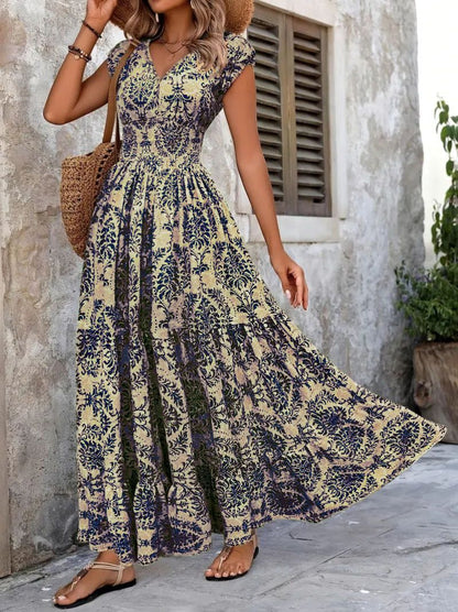 2025 vintage printed dress fashionable and elegant V-neck short sleeved jumpsuit long skirt women's clothing