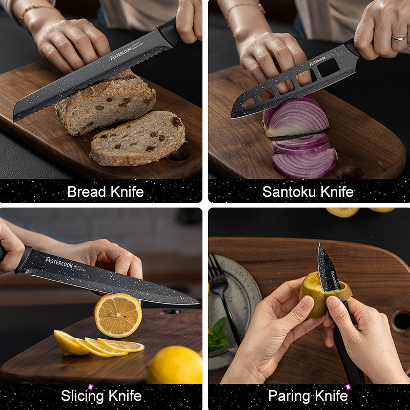 Conjunto de facas Astercook de 6 peças, conjunto de facas de cozinha estreladas com protetores de lâmina, laváveis na lava-louças, aço inoxidável alemão de alto carbono