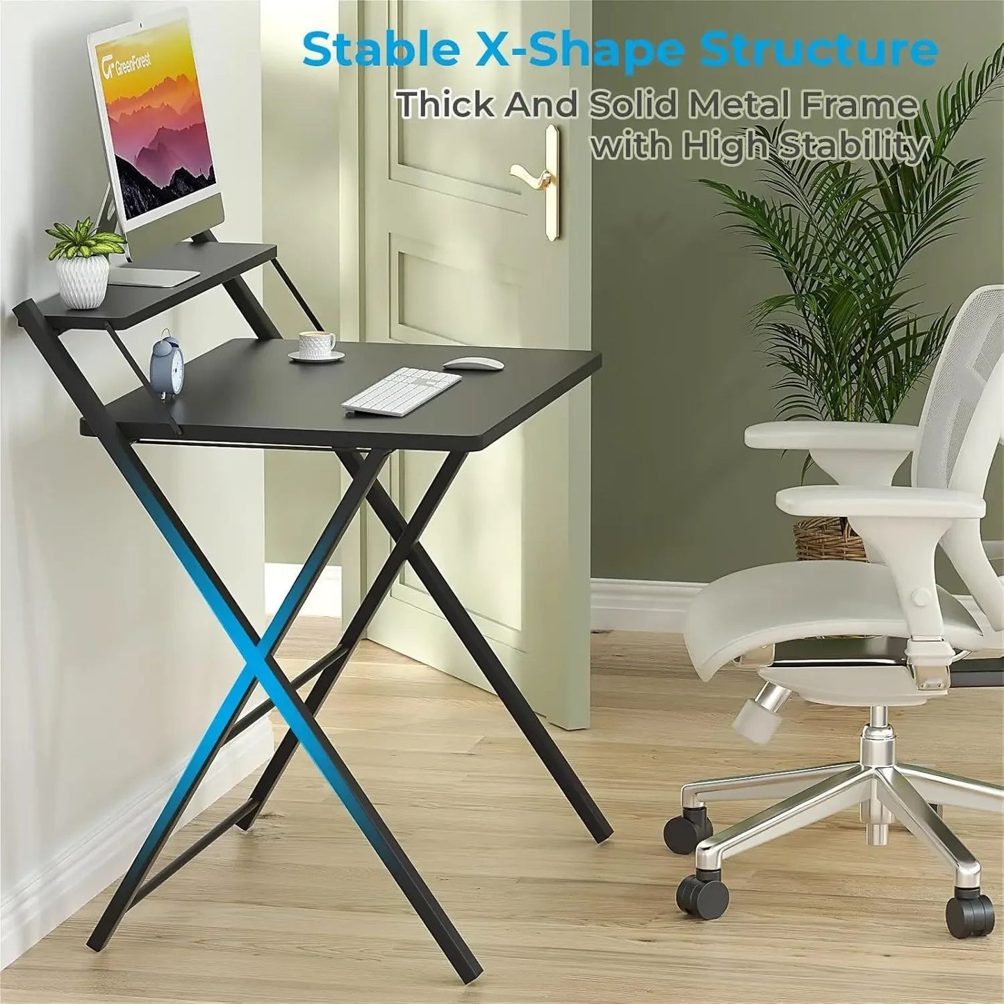 Folding Desk No Assembly Required Large Size, 2-Tier Foldable Computer Desk with Shelf for Home Office, Space Saving Portable