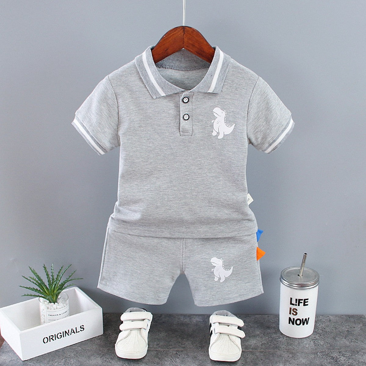 Conjuntos de Roupa Infantil de Verão para Meninos, Estampa de Dinossauro, Camisas Polo de Manga Curta + Shorts, 2 Peças/Conjunto, Roupas de Bebê