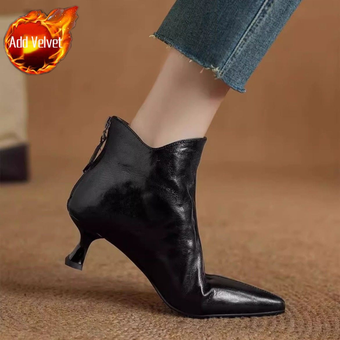 Elegant with Medium Heels Booties Autumn Winter Fleece-Lined Female Short Shoes Pointed Toe Leather Chelsea Women's Ankle Boots