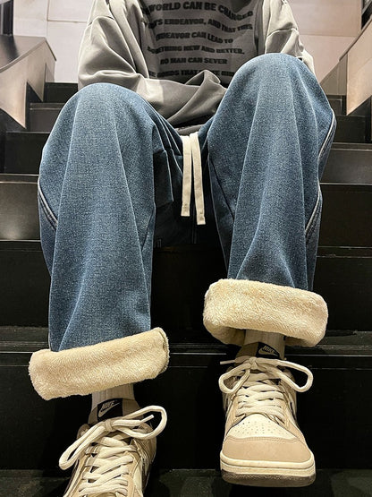 Men's Winter Jeans Fleece-Lined Brushed Thick Warm Denim Pants Korean Style Straight Fit Insulated Trousers Asians Size M-3XL