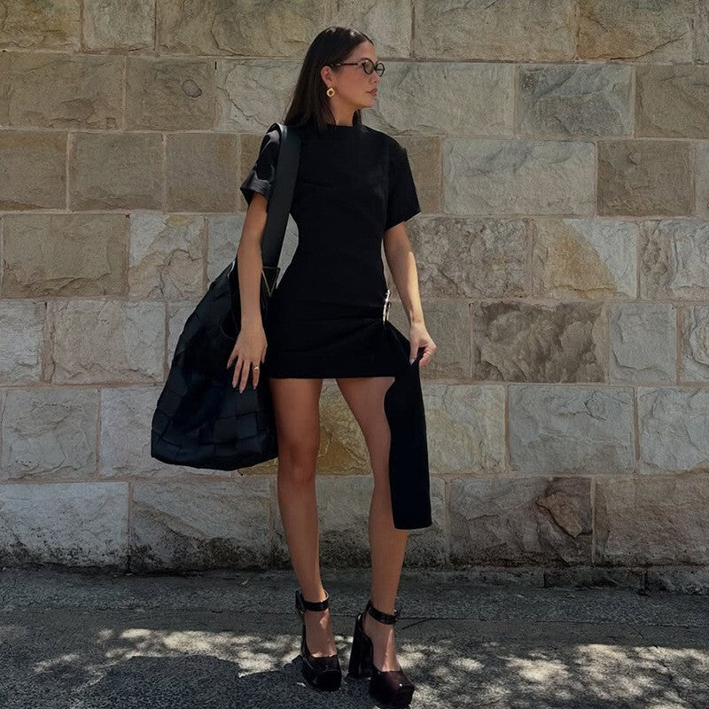Mozision Short Sleeve Draped Sexy Mini Dress For Women Black Metal Buckle O Neck