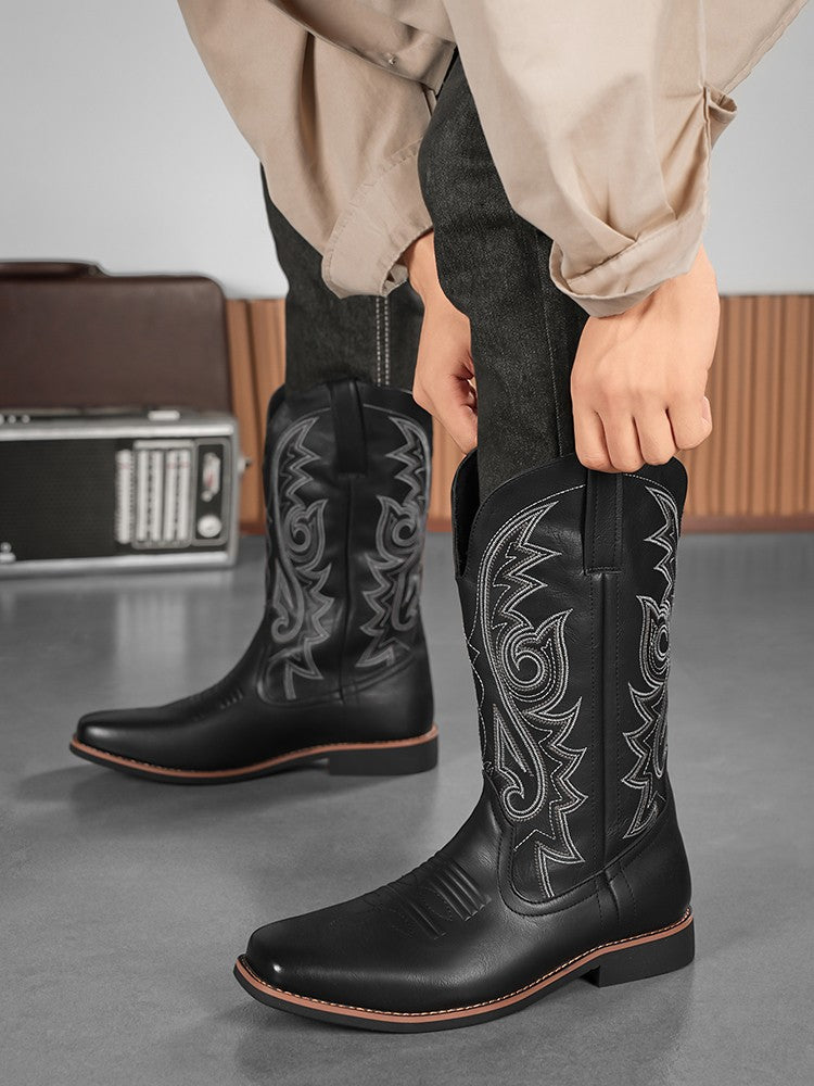 Men's Creative Pattern Embroidered Vintage Lace-Up Boots Wide-Toe Men's Cowboy Boots High-Top Riding Boots Extra Large Sizes