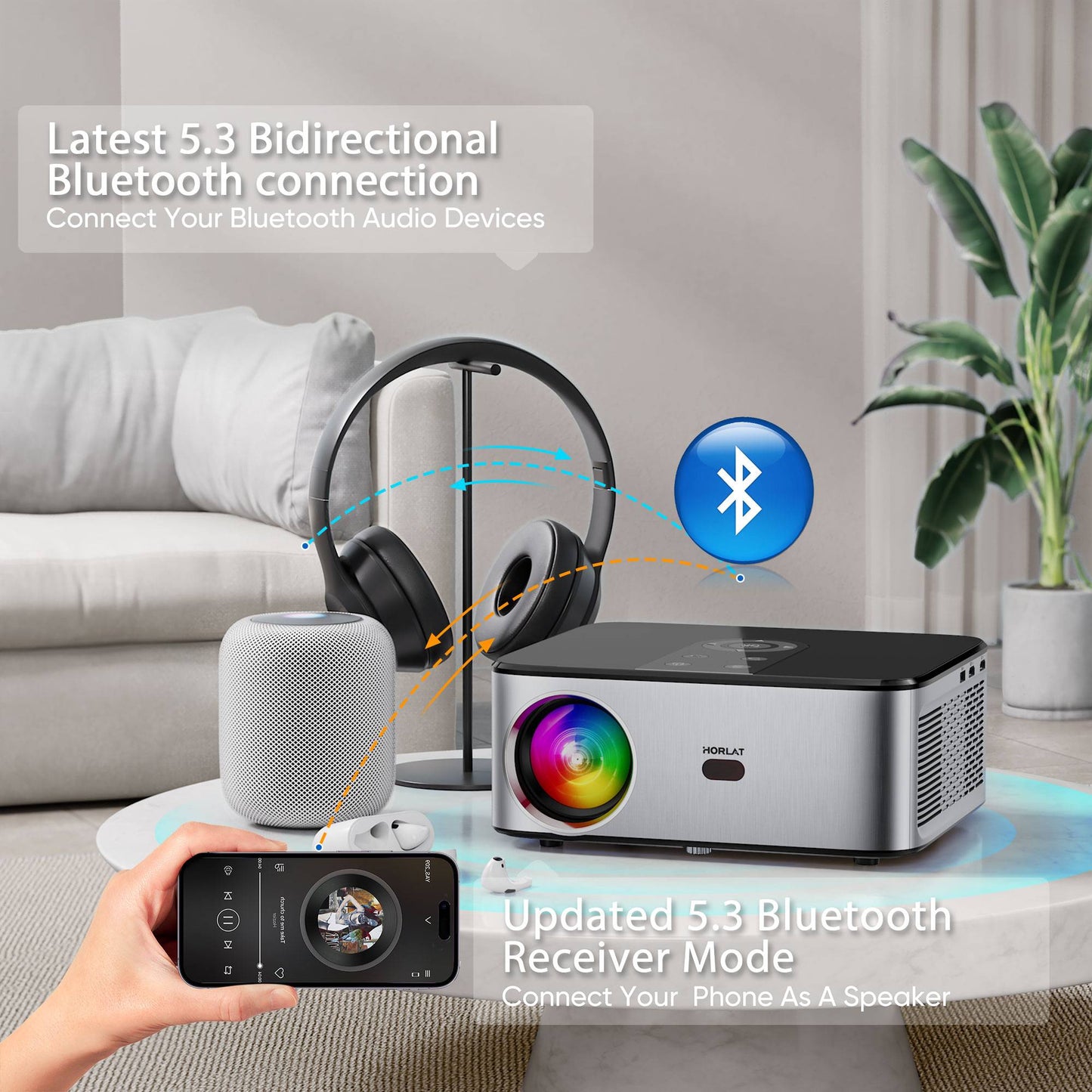 Projetor LED 4K Android HORLAT T3N 1500 Ansi Lumens Vídeo Full HD 1080P 8K Home Theater Keystone Automático WiFi 5G Portátil