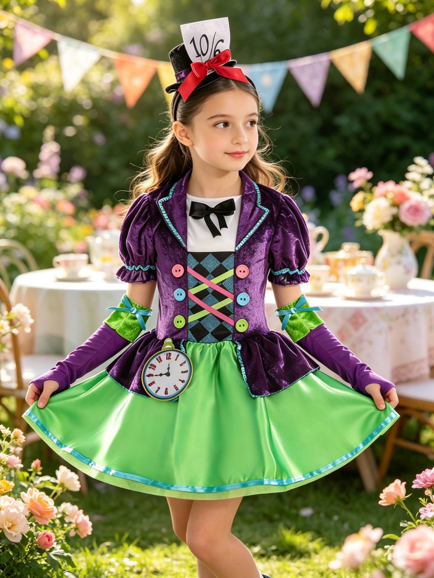 Girls Mad Hatter Cosplay Costume, full set with headband & gloves. Ideal for Halloween and fantasy theme party.