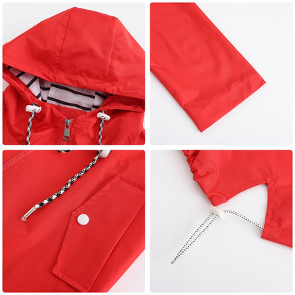 Blue Waterproof Hooded Jacket Women Fashion Casual Coat Waist Drawstring Tie Zipper Switch Red Green Yellow Black Windbreaker