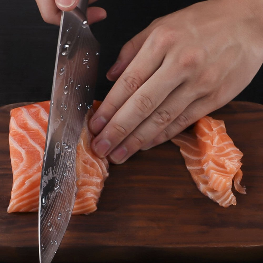 MDHAND Conjunto de Facas de Cozinha 7CR17 8 Peças Aço Inoxidável Afiado Faca de Chef para Fatiar Carne Cutelo Padrão de Damasco a Laser Faca de Chef Afiada
