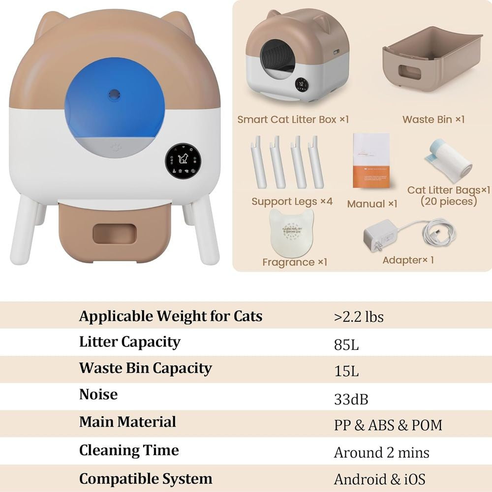 Caixa de Areia Inteligente de Grande Capacidade para Vários Gatos, Autolimpante, Controle de Odor, Habilitada para Aplicativo, Branca