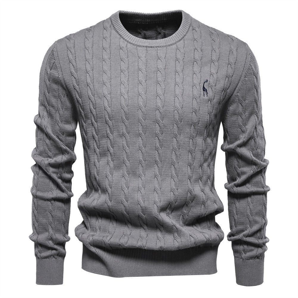 AIOPESON Mens Giraffe Embroidery Cotton Sweaters Round Neck Classic Twist Patterned Pullover Knitted Sweater for Men
