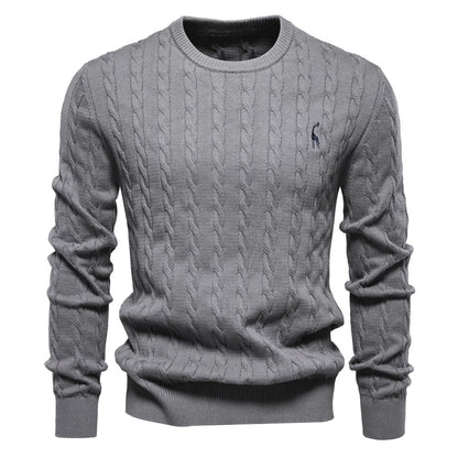 AIOPESON Mens Giraffe Embroidery Cotton Sweaters Round Neck Classic Twist Patterned Pullover Knitted Sweater for Men