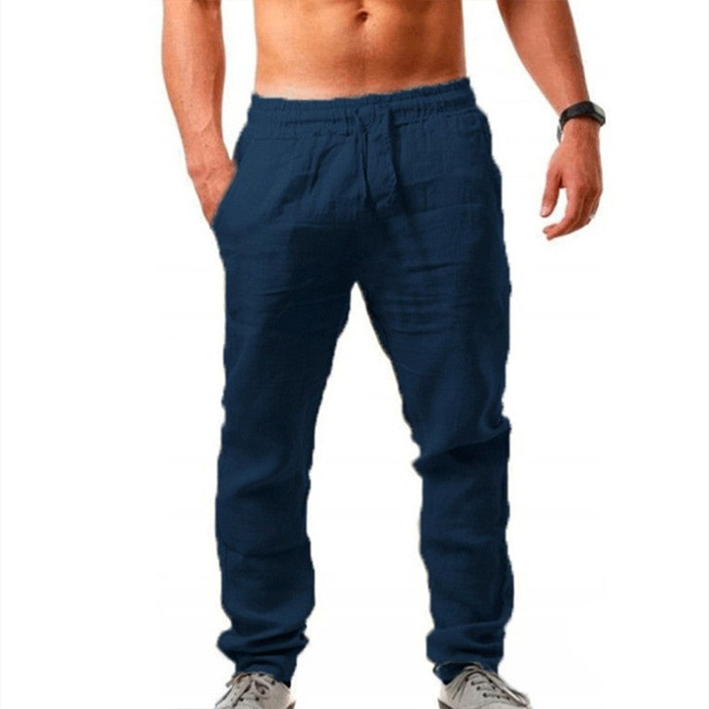 Men's Cotton Linen Pants Summer Solid Color Breathable Linen Trousers Male Casual Elastic Waist Fitness Pants Hip-Hop Streetwear