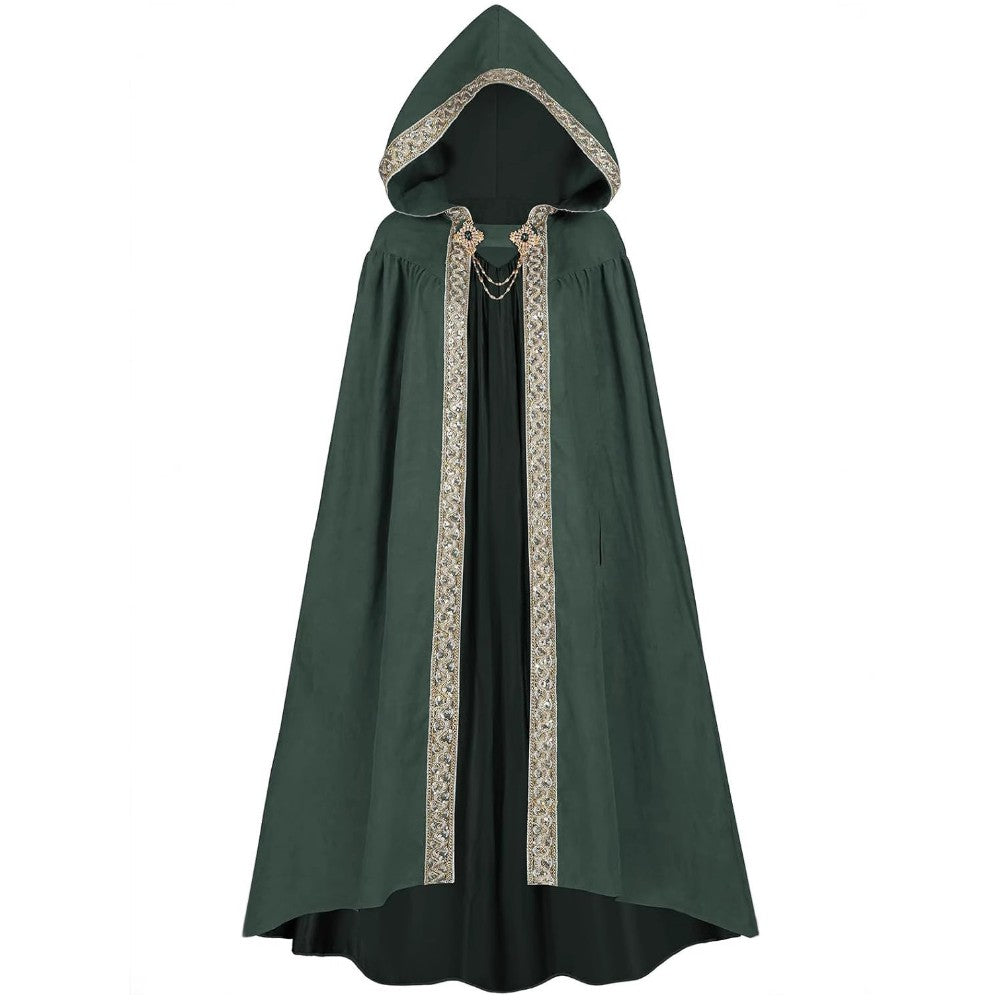 Elegant Medieval Hooded Floor Length CloakTrim Cape Chain Brooch for Adult Wedding Photoshoot Halloween Gothic Cosplay Costume