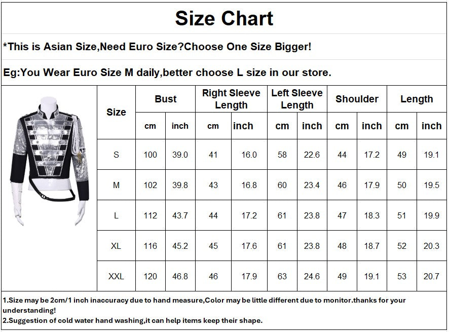 Michael Jackson Inspired Costume Military Sequin Jacket MJ Thriller Stage Performance Outfit Unisex Halloween Party