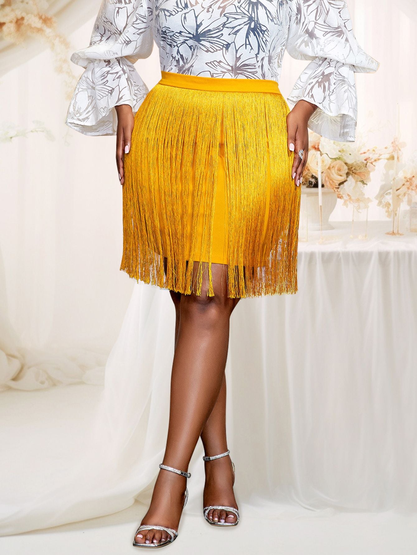 Gold Plus Size Fringe Skirts High Waist Package Hip Sexy Mini Evening Cocktail Party Hem Tassel Skirt for Women 2024 3XL 4XL