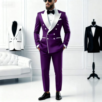 Men's 2-Piece Casual Smalking Set with White Lapel Blazer And Black Pants Wedding Groomsmen Suit for Ceremony And Festa