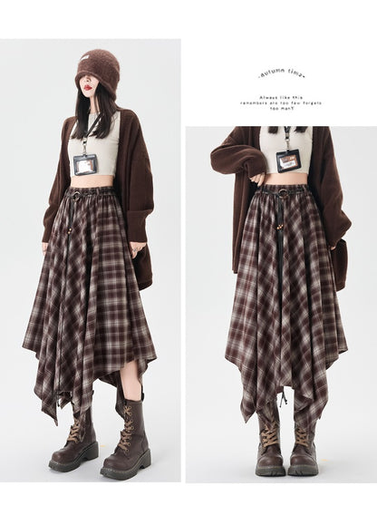 Women Skirt Plaid High Waisted Elastic A Line Mid Length Korean Style Fashion Retro Versatile Irregular Autumn Skirt
