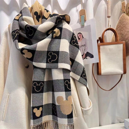 Lenço Feminino Kawaii Disney Mickey Lenço Macio de Caxemira Fofo Desenho Animado Moda Meninas Outono e Inverno Quente Cachecol Grosso Presentes
