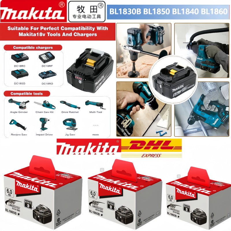 Bateria Makita 100% Original, bateria recarregável 18V 6.0Ah, substituindo Makita BL1830B L1840B L1850B L1860B, bateria para ferramenta elétrica