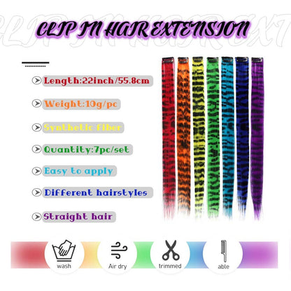 7 pçs/conjunto extensões de cabelo de pena de 18 polegadas clipes de cabelo invisíveis fibra sintética textura listrada uniforme acessórios de cabelo para festa
