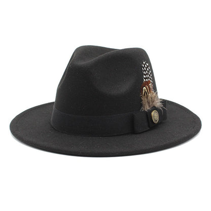 White Woolen Gentleman Classic British Jazz Feather Top Hat Wide Brim Party Church Wedding Fedora Hats Men Women Panama Felt Cap