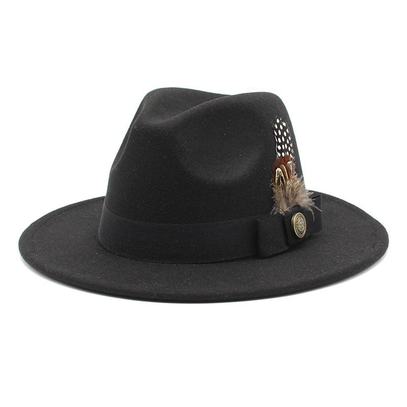 White Woolen Gentleman Classic British Jazz Feather Top Hat Wide Brim Party Church Wedding Fedora Hats Men Women Panama Felt Cap