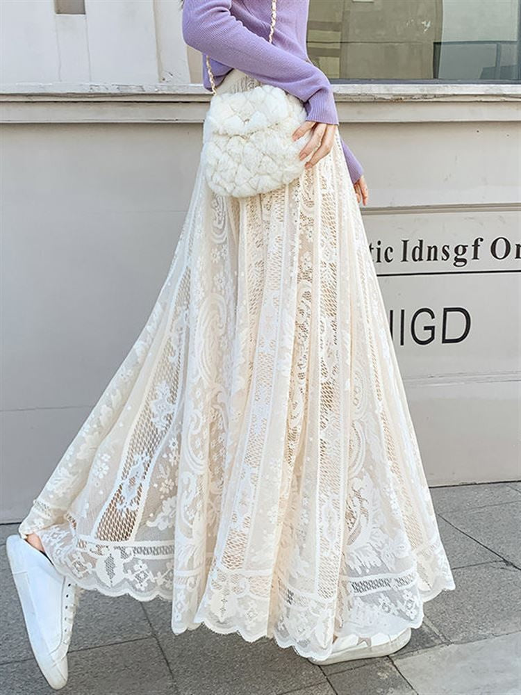 Plus Size plus Size Lace Hollow out f Skirt mid Waist Long Sle Fairy Skirt A-Line Umbrella Skirt Trendy Women's Clothing