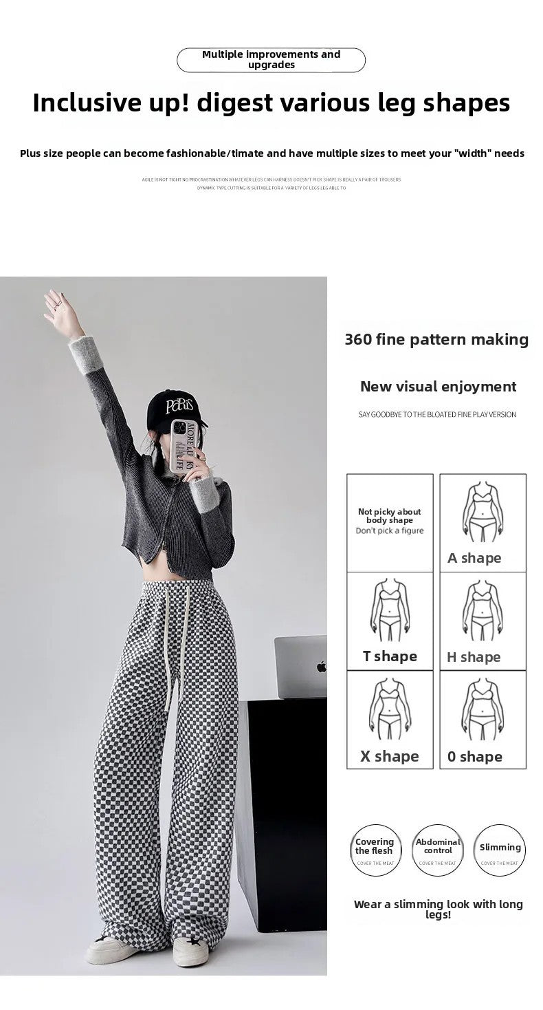 High Waist Wide Leg Pants Women's Autumn Winter New Style Lazy Casual Fleece Woolen Plaid Trousers Fashionable Comfortable