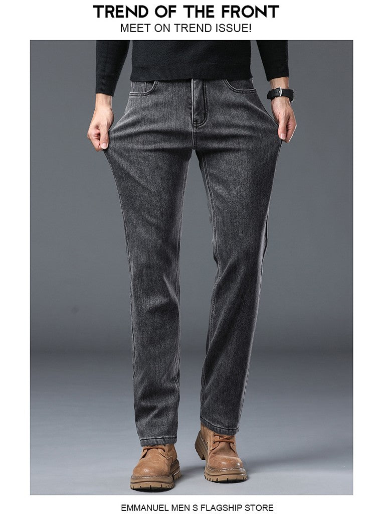 Winter Warm Jeans Men's Slim Straight Elastic Denim Pants Casual Male Clothing Fashion Plush Trousers New Hot Sale Fashion Jeans