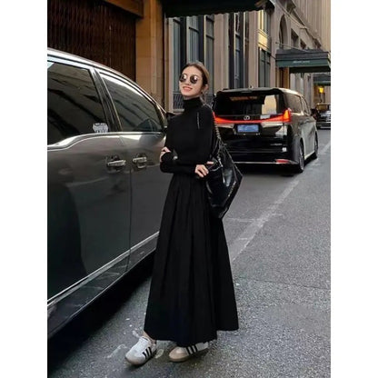 New French Style Temperament Women's High-Grade Black Dress Hepburn Style Gray Turtleneck Dress for Women Autumn Winter DF4964