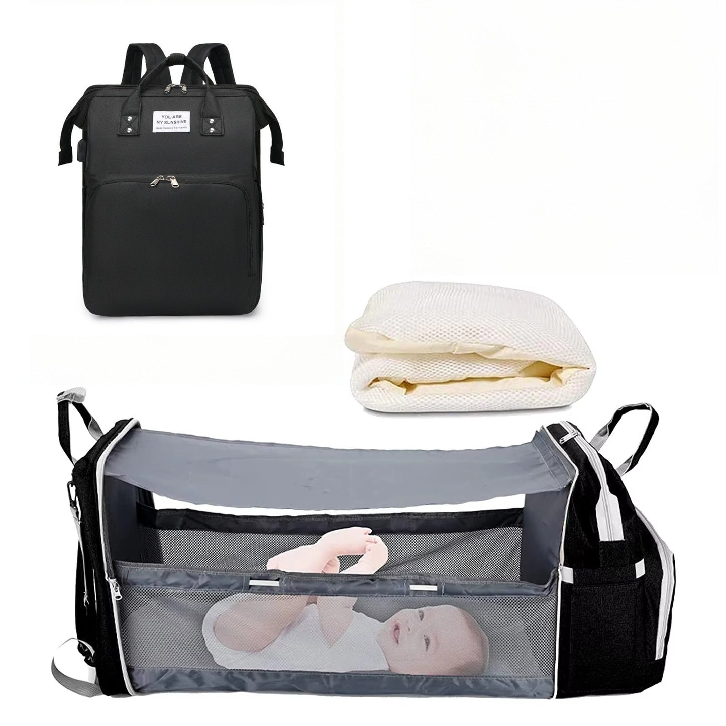 Mochila-berço 3 em 1 dobrável à prova d'água com USB para viagem e para troca de fraldas 3 tipos