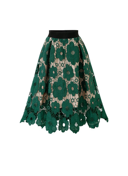 Summer Boho Lace Skirts Women Vintage Mesh Hollow Out Plus Size Skirt Elastic Waist Elegant  A-Line Midi Saias Black Red Green
