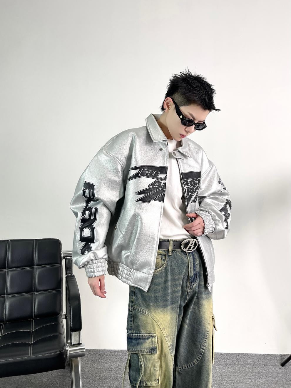 Heavy Duty Embroidered Men's Motorcycle Leather Jacket, Silver Edgy Aesthetic Windbreaker for Men, Autumn Fashion Mans Clothes