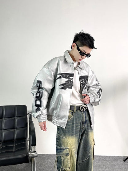 Heavy Duty Embroidered Men's Motorcycle Leather Jacket, Silver Edgy Aesthetic Windbreaker for Men, Autumn Fashion Mans Clothes