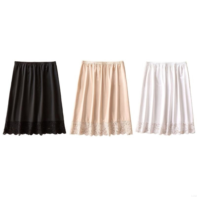 Y3NE Elastic Waist Knee Length Half Slips for Women Under Dresses Invisible Underskirt Basic Solid Color Lace Trim Petticoat