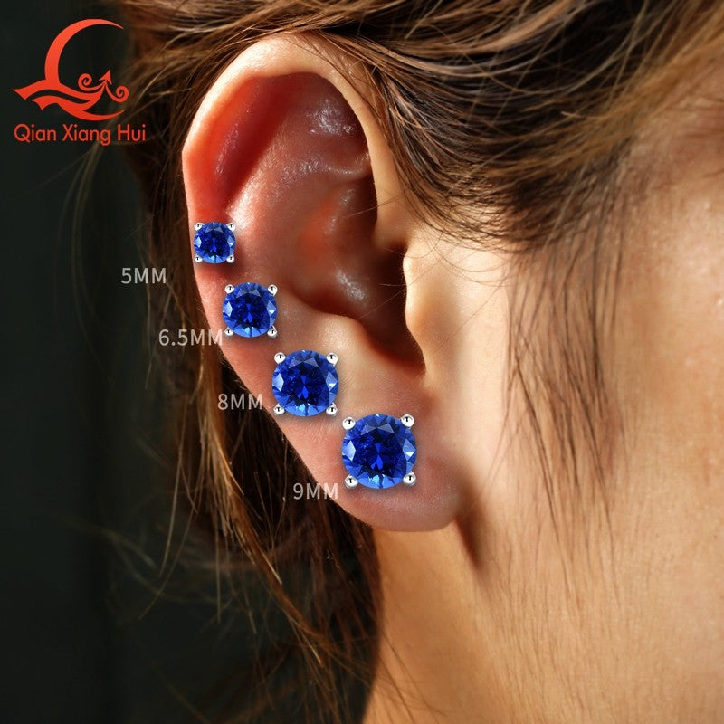 Lab Created Royal Blue/Cornflower Blue Sapphire Ear Stud 5-9mm with Inclusions Round Shape S925 Silver Earrings Jewelry