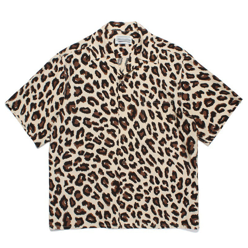 Pdmcms 23ss Gradient Leopard Print High Street Style Casual Handmade Silk Hawaiian Short Sleeved Shirt For Men