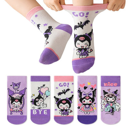 5 pares de meias de algodão de cano médio Kawaii Sanrio Cinnamoroll Kuromi para meninas e meninos, meias de algodão de cano médio de desenho animado para primavera e outono
